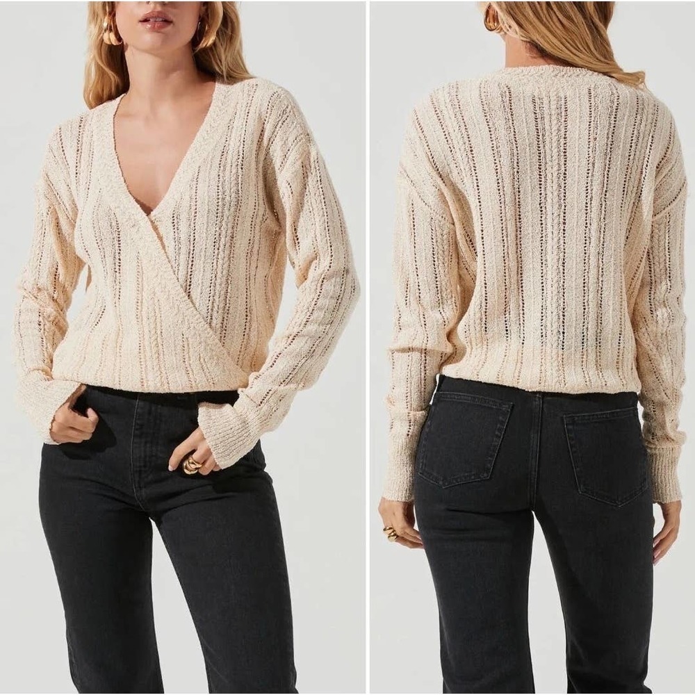 ASTR The Label Cream Wrap Front Pointelle Knit Sweater Large